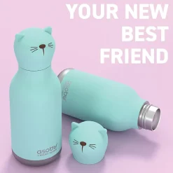 Water Bottles<ASOBU Bestie Bottle Kitty Vacuum Insulated Stainless Steel Water Bottle with Reusable Flexi Straw, 16 oz., Blue (SBV44CA)