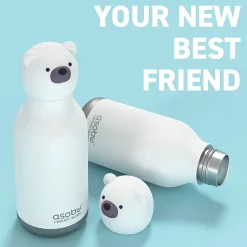 Water Bottles<ASOBU Bestie Bottle Teddy Bear Vacuum Insulated Stainless Steel Water Bottle with Reusable Flexi Straw, 16 oz., White (SBV44BE)
