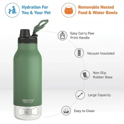 Water Bottles<ASOBU Buddy 3-in-1 Water Bottle with Removable Dog Bowl & Food Compartment, 32 oz., Basil Green (SDB2)