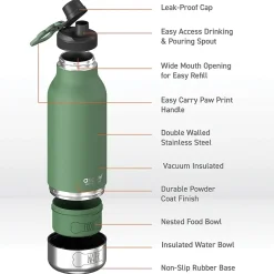 Water Bottles<ASOBU Buddy 3-in-1 Water Bottle with Removable Dog Bowl & Food Compartment, 32 oz., Basil Green (SDB2)