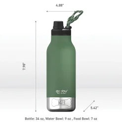 Water Bottles<ASOBU Buddy 3-in-1 Water Bottle with Removable Dog Bowl & Food Compartment, 32 oz., Basil Green (SDB2)