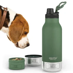 Water Bottles<ASOBU Buddy 3-in-1 Water Bottle with Removable Dog Bowl & Food Compartment, 32 oz., Basil Green (SDB2)
