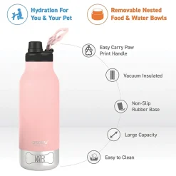 Water Bottles<ASOBU Buddy 3-in-1 Water Bottle with Removable Dog Bowl & Food Compartment, 32 oz., Pink (SDB2)