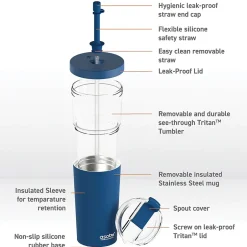 ASOBU Marina See-Through Triton Tumbler with Flexible Straw, 28 oz., Blue (ICT400)