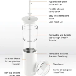 ASOBU Marina See-Through Triton Tumbler with Flexible Straw, 28 oz., White (ICT400)