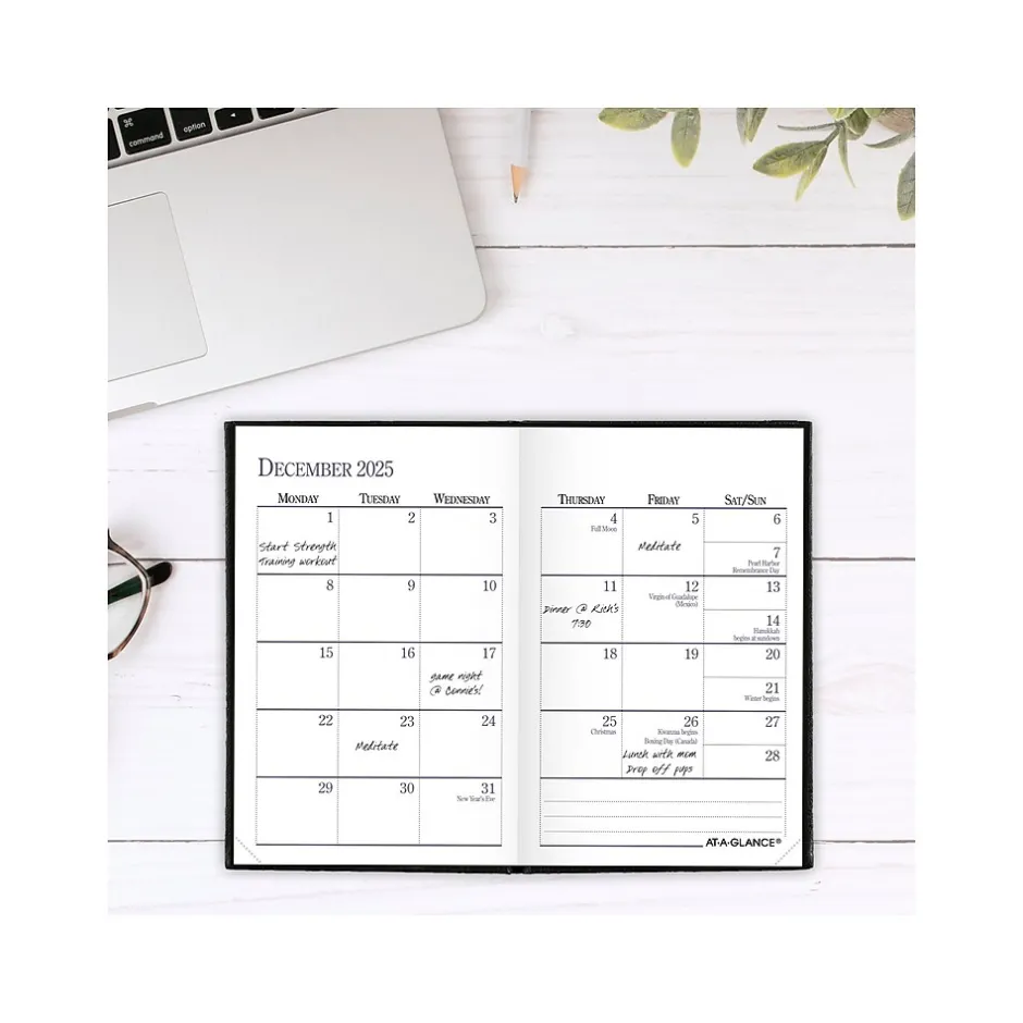 AT-A-GLANCE Fine Diary Pocket Hardcover 2025 Weekly and Monthly Diary, 2.75" x 4.25", Ruled, Black (72-01-05-25) New