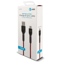 AT&T Charge and Sync USB to Type-C Cable, 10 ft., Red, (TCB10-RED)