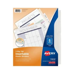 Avery Big Tab Insertable Plastic Dividers, 5 Tab, Clear (11835) New