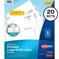 Avery Big Tab Printable Paper Dividers with Large White Labels, 5 Tabs, White, 20 Sets/Pack (14440)