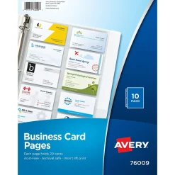 Avery Business Card Pages, 3-Hole Punched, 8.5" x 11", Clear, 10/Pack (76009) New