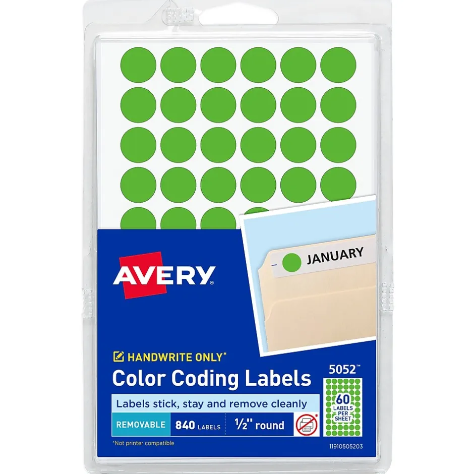 Avery Color-Coding Labels, 1/2 " Dia, Neon Green, Non-Printable, 840 Labels/Pack (5052) Hot