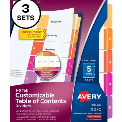Avery Customizable Table of Contents Dividers, 5-Tab, Multicolor, 3 Sets/Pack (11070) Outlet