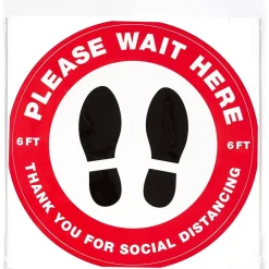 Social Distance Signage<Avery Directional "Please Wait Here" Preprinted Floor Decals, 10.5" Diameter, White/Red, 5/Pack (83090)