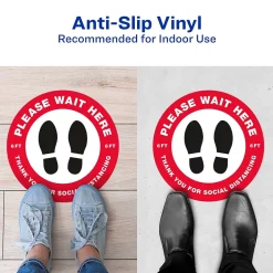 Social Distance Signage<Avery Directional "Please Wait Here" Preprinted Floor Decals, 10.5" Diameter, White/Red, 5/Pack (83090)