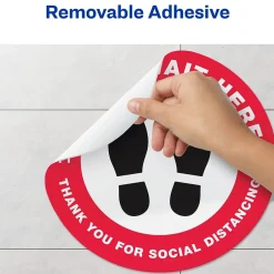 Social Distance Signage<Avery Directional "Please Wait Here" Preprinted Floor Decals, 10.5" Diameter, White/Red, 5/Pack (83090)
