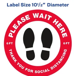 Social Distance Signage<Avery Directional "Please Wait Here" Preprinted Floor Decals, 10.5" Diameter, White/Red, 5/Pack (83090)