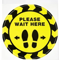 Social Distance Signage<Avery Directional "Please Wait Here" Preprinted Floor Decals, 10.5" Diameter, Yellow/Black, 5/Pack (83020)