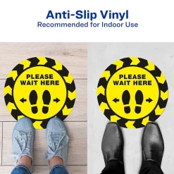 Social Distance Signage<Avery Directional "Please Wait Here" Preprinted Floor Decals, 10.5" Diameter, Yellow/Black, 5/Pack (83020)