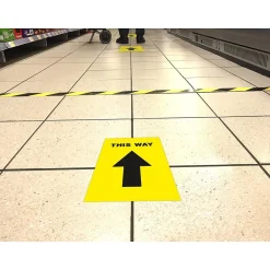 Social Distance Signage<Avery Directional "This Way" Preprinted Floor Decals, 8" x 10.5", Yellow/Black, 5/Pack (83022)