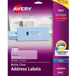 Avery Easy Peel Inkjet Address Labels, 1-1/3" x 4", Clear, 350 Labels/Pack (8662)* Address Labels