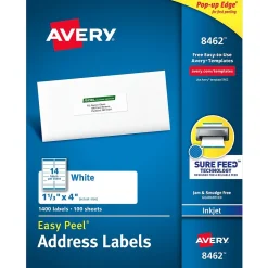Avery Easy Peel Inkjet Address Labels, 1-1/3" x 4", White, 1,400 Labels/Box (8462)