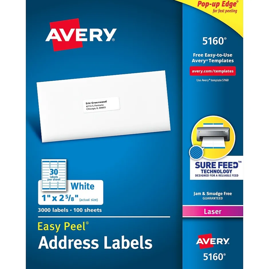 Avery Easy Peel Laser Address Labels, 1" x 2-5/8", White, 3,000 Labels/Box (5160)* Address Labels