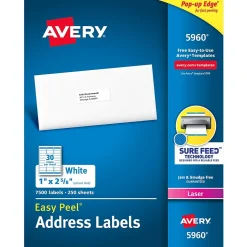 Avery Easy Peel Laser Address Labels, 1" x 2-5/8", White, 7,500 Labels/Box (5960)* Address Labels