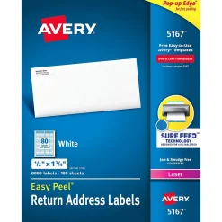 Avery Easy Peel Laser Return Address Labels, 1/2" x 1-3/4", White, 8,000 Labels/Pack (5167)* Address Labels