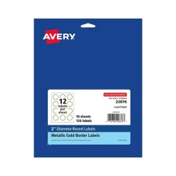 Avery Easy Peel Laser/Inkjet Round Labels, 2" Dia, White with Metallic Gold Borders, 120 Labels/Pack (22876)