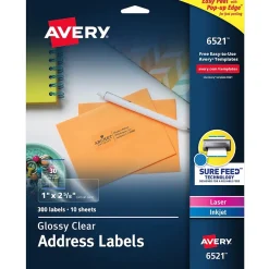 Avery Easy Peel Laser/Inkjet Address Labels, 1" x 2-5/8", Glossy Clear, 300 Labels/Pack (6521)* Address Labels