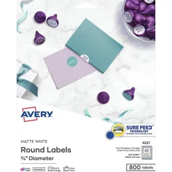Avery Easy Peel Laser/Inkjet Round Labels, 3/4" Diameter, White, 80 Labels/Sheet, 10 Sheets/Pack, 800 Labels/Pack (4221) Clearance