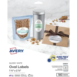 Avery Easy Peel Laser/Inkjet Oval Labels, 1 1/2" x 2 1/2", Glossy White, 180 Labels/Pack (22804) Outlet