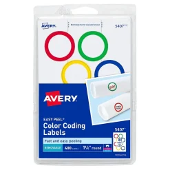 Avery Easy Peel Laser/Inkjet Color-Coding Labels, 4" x 6" Sheets, 1-1/4" Dia, Assorted Colors, 400 Labels/Pack (5407)