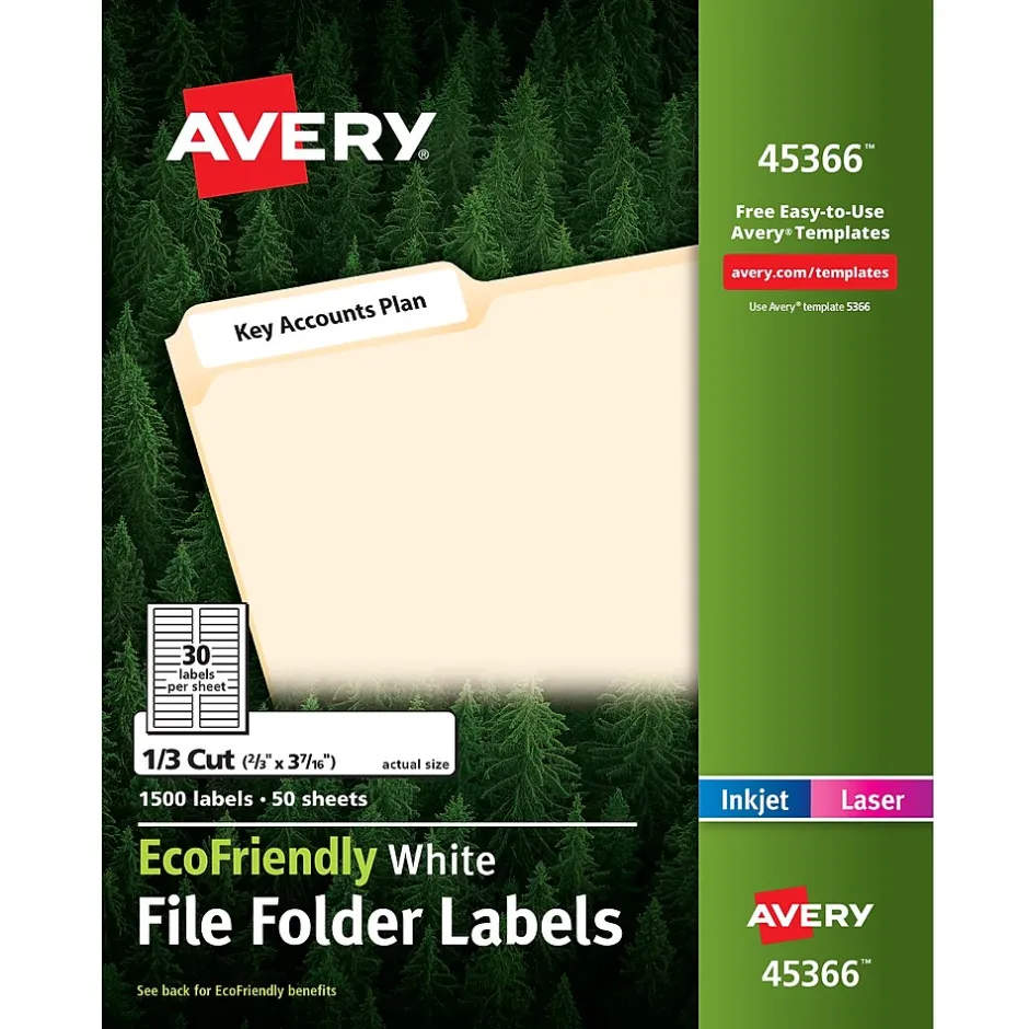 Avery EcoFriendly Laser/Inkjet File Folder Labels, 2/3" x 3-7/16", White, 1,500 Labels/Box (45366) Discount