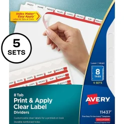 Avery Index Maker Paper Dividers with Print & Apply Label Sheets, 8 Tabs, White, 5 Sets/Pack (11437) Clearance
