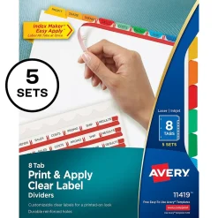 Avery Index Maker Paper Dividers with Print & Apply Label Sheets, 8 Tabs, Multicolor, 5 Sets/Pack (11419) Clearance