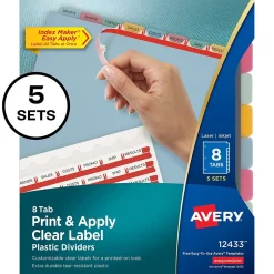 Avery Index Maker Plastic Dividers with Print & Apply Label Sheets, 8 Tabs, Multicolor, 5 Sets/Pack (AVE12433)