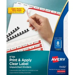 Avery Index Maker Unpunched Paper Dividers with Print & Apply Label Sheets, 8 Tabs, White, 5 Sets/Pack (11432) Clearance