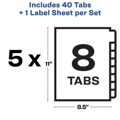 Avery Index Maker Unpunched Paper Dividers with Print & Apply Label Sheets, 8 Tabs, White, 5 Sets/Pack (11432) Clearance
