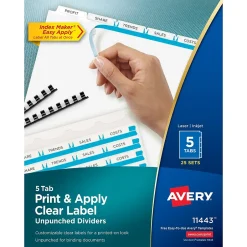 Avery Index Maker Unpunched Paper Dividers with Print & Apply Label Sheets, 5 Tabs, White, 25 Sets/Pack (11443) Clearance
