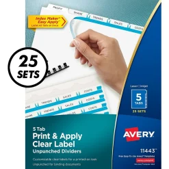 Avery Index Maker Unpunched Paper Dividers with Print & Apply Label Sheets, 5 Tabs, White, 25 Sets/Pack (11443) Clearance