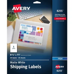 Avery Inkjet Shipping Labels, 8-1/2" x 11", White, 20 Labels/Pack (8255)* Shipping Labels