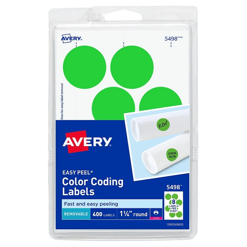 Avery Laser Color Coding Labels, 1 1/4" Dia., Neon Green, 8/Sheet, 50 Sheets/Pack (5498) Discount