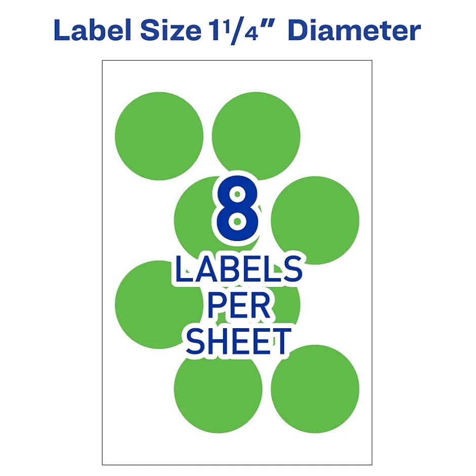 Avery Laser Color Coding Labels, 1 1/4" Dia., Neon Green, 8/Sheet, 50 Sheets/Pack (5498) Discount