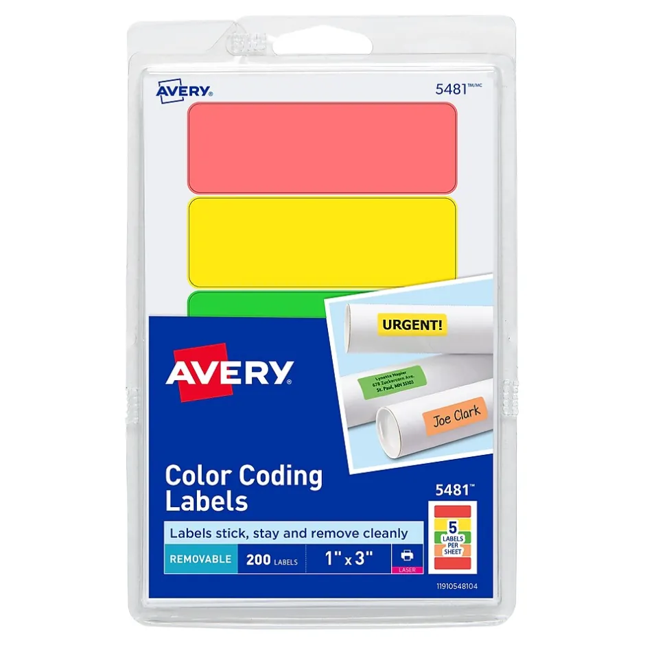 Avery Laser Color Coding Labels on 4" x 6" Sheets, 1" x 3", Assorted Colors, 200 Labels/Pack (5481) Online