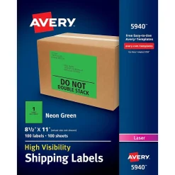 Avery Laser Shipping Labels, 8-1/2" x 11", Neon Green, 100 Labels/Box (5940) New