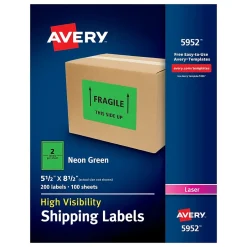 Avery Laser Shipping Labels, 5-1/2" x 8-1/2", Neon Green, 200 Labels/Box (5952)* Shipping Labels