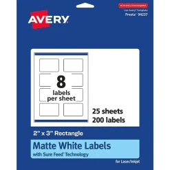 Avery Laser/Inkjet Rectangle Labels, 2" x 3", Matte White, 200 Labels/Pack (94327) New