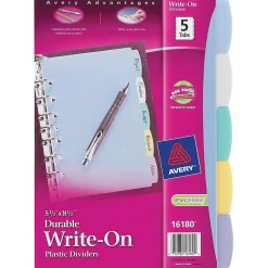 Avery Mini Write & Erase Plastic Blank Dividers, 5-Tab, Assorted Colors, 5/Pack (16180) Clearance