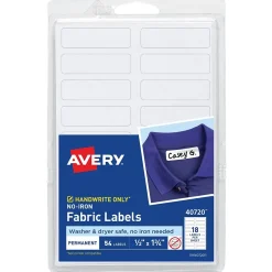 Avery No-Iron Fabric Labels on 4" x 6" Sheets, 1/2" x 1-3/4", White, Non-Printable, 54 Labels/Pack (40720) Hot